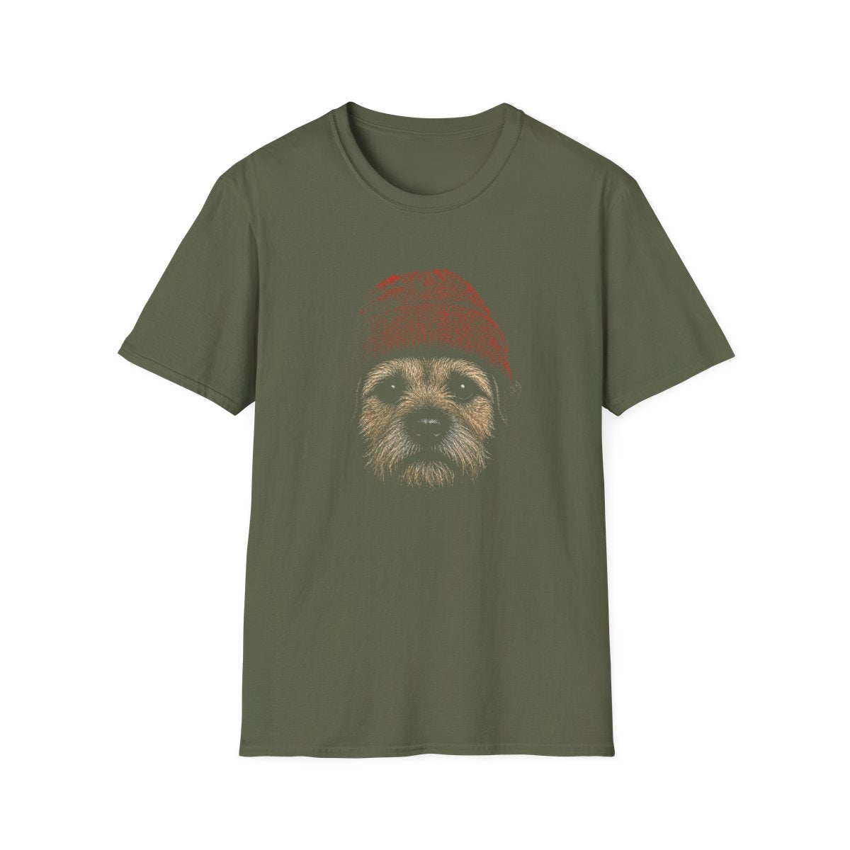 Border Terrier In Beanie Tee - Military Green