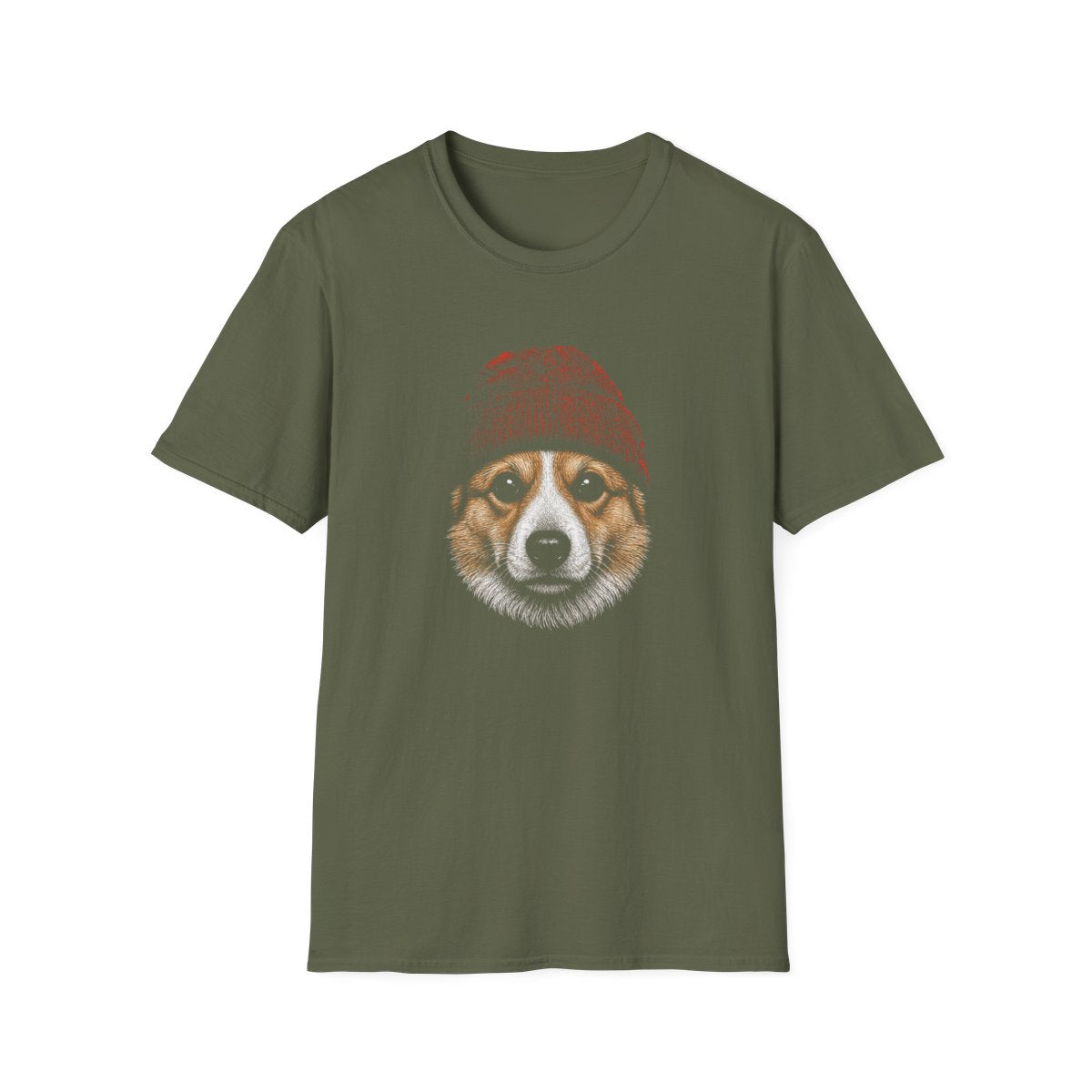 Corgi In Beanie Tee - Military Green