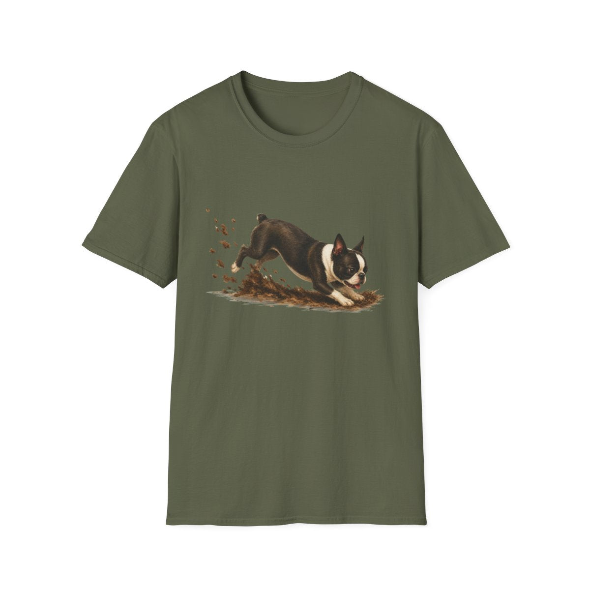 Boston Terrier Excavating Mode On Tee - Military Green