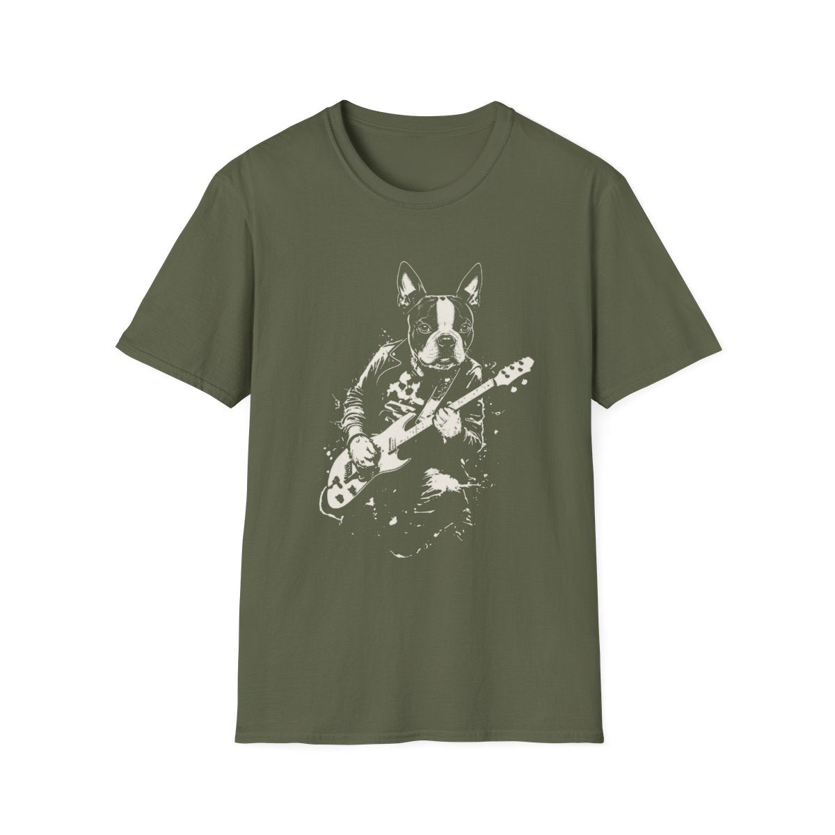 Boston Terrier Rocking Guitar Tee - Military Green
