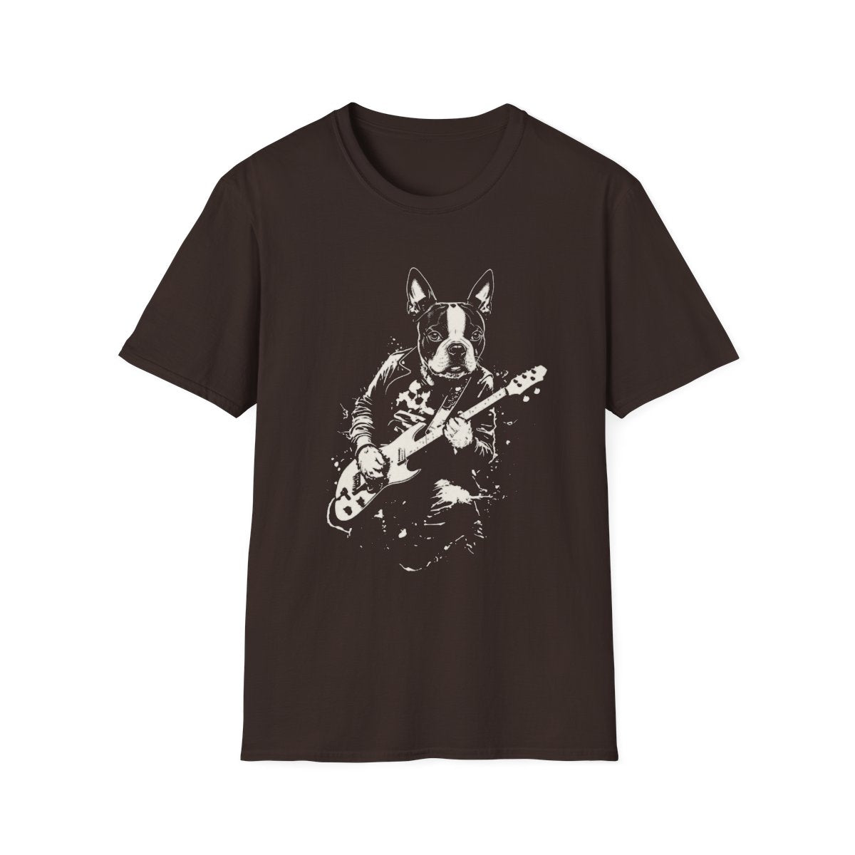 Boston Terrier Rocking Guitar Tee - Dark Chocolate