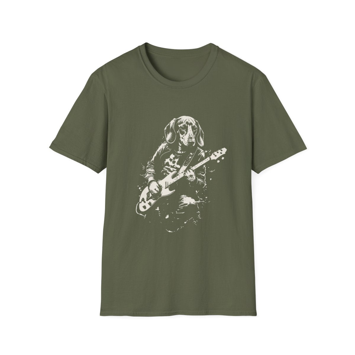 Dachshund Rocking Guitar Tee - Military Green