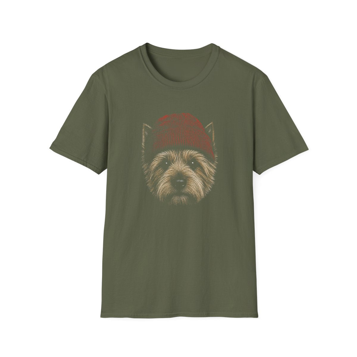 Norwich Terrier In Beanie Tee - Military Green