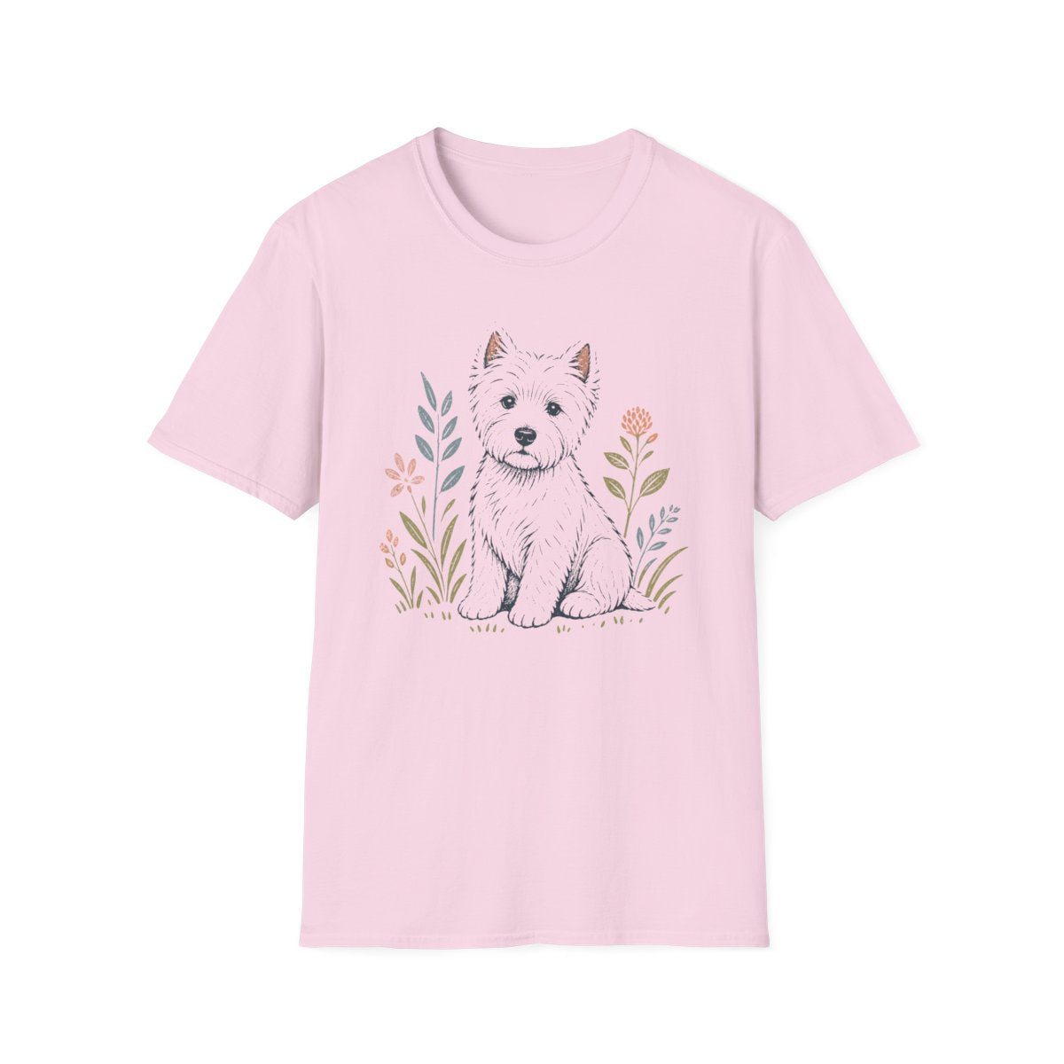 Pastel Linocut Westie Tee - Light Pink