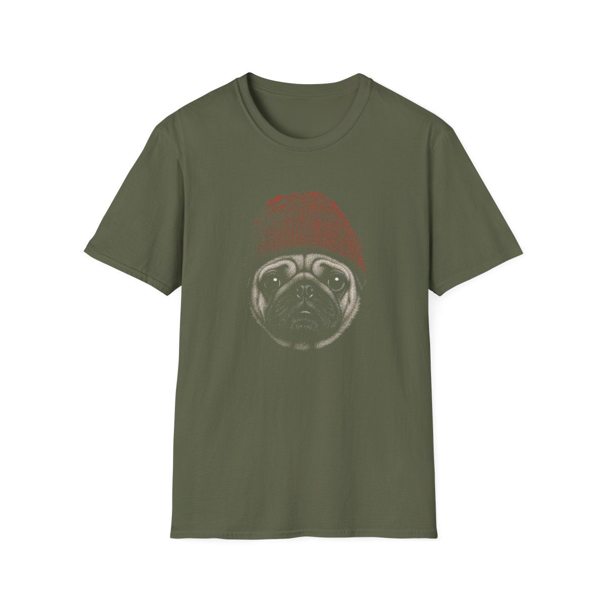 Pug In Beanie Tee - Military Green